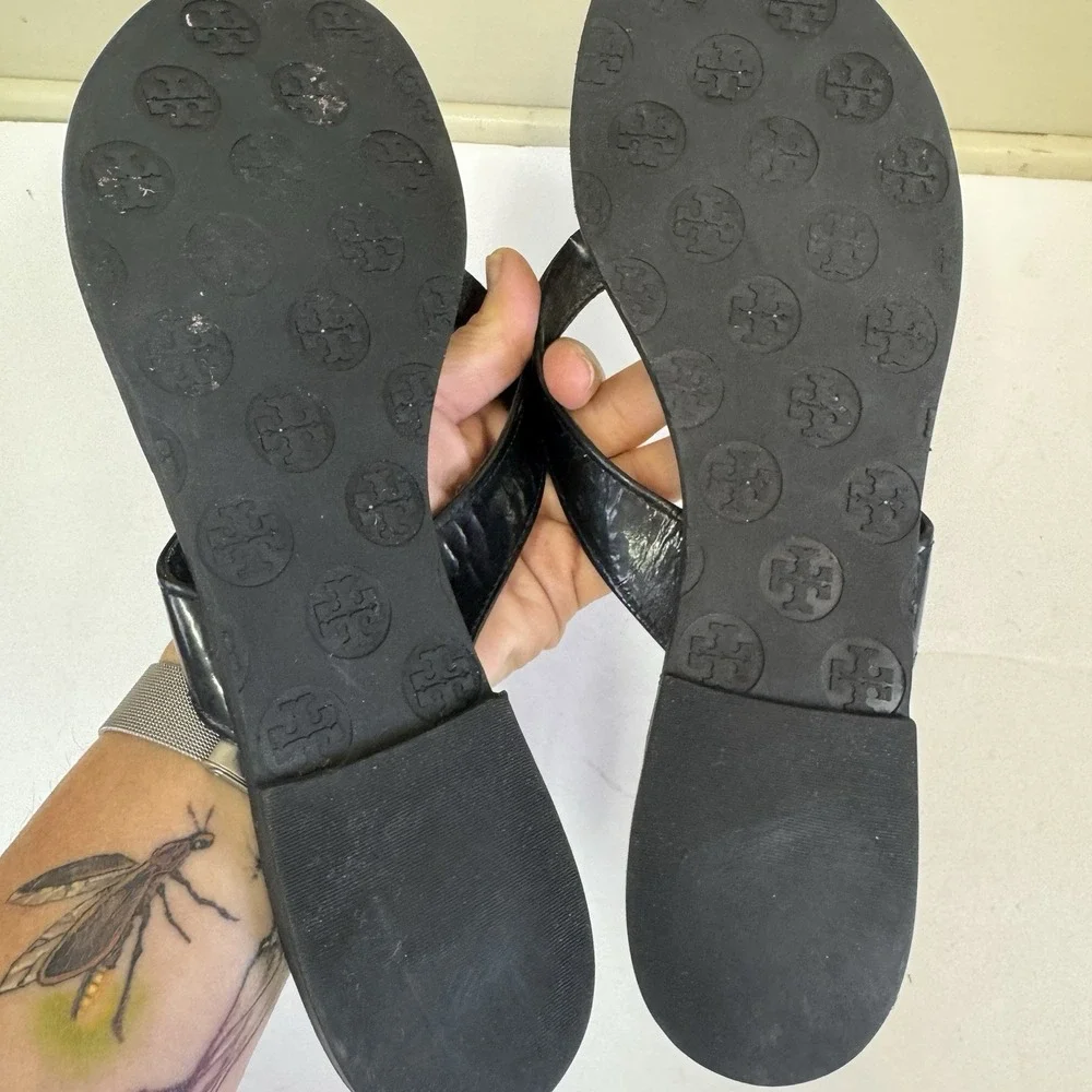Tory Burch Flip Flop Sandals Women's Size 10M Thora Shoes Black Patent Summer